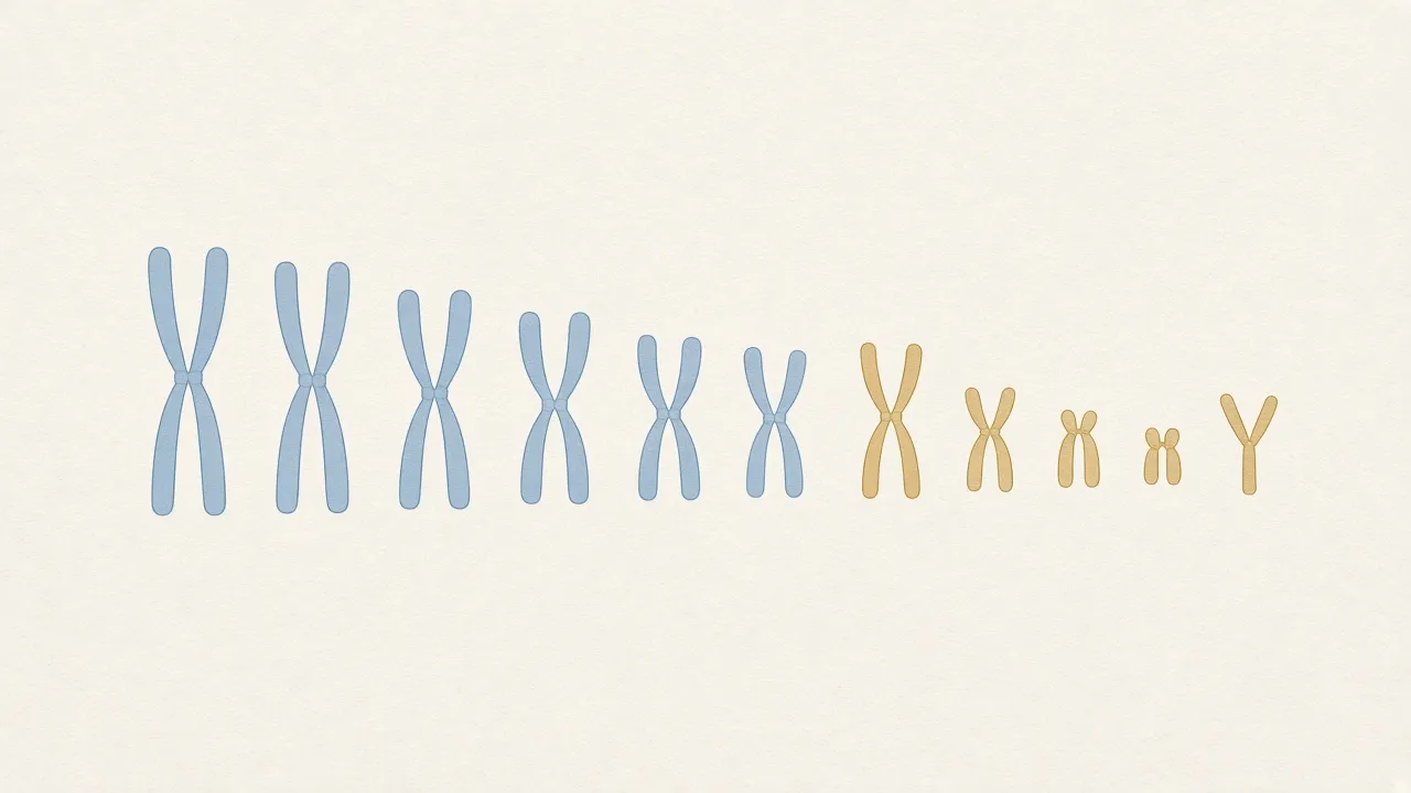 Ilustração de uma fileira de cromossomos em azul e dourado, do maior para o menor, com o pequeno cromossomo Y destacado no fim, sobre fundo bege (imagem ilustrativa)