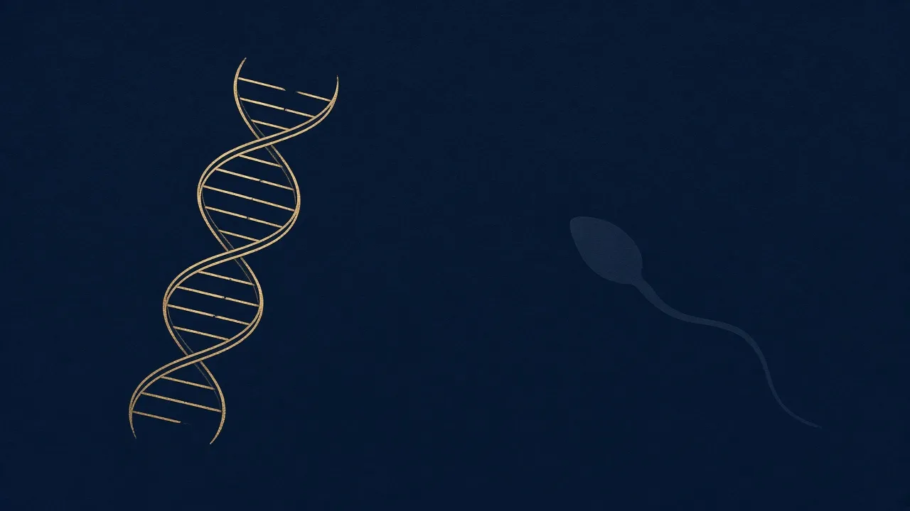 Ilustração de uma hélice de DNA em linhas douradas, com pequenas falhas nos filamentos, ao lado da silhueta de um espermatozoide sobre fundo azul-marinho (imagem ilustrativa)
